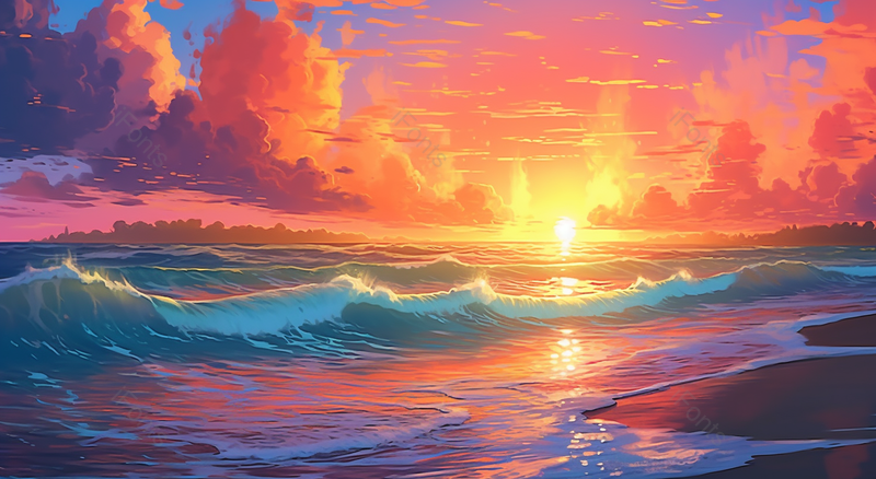 海浪沙滩红色美丽夕阳风景,插画/手绘图,插画/手绘图库,插画/手绘图下载,插画/手绘